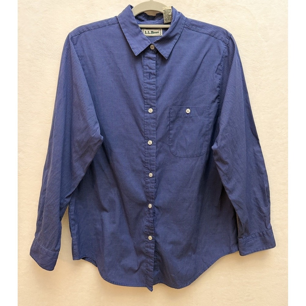 Vintage LL Bean Womens 12 Blue Checked Button Down Shirt Cotton Blend Cottage - Picture 1 of 8